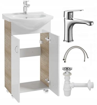 Szafka łazienkowa z umywalką stojąca dąb 50x86 Tim z baterią chrom wydłużoną