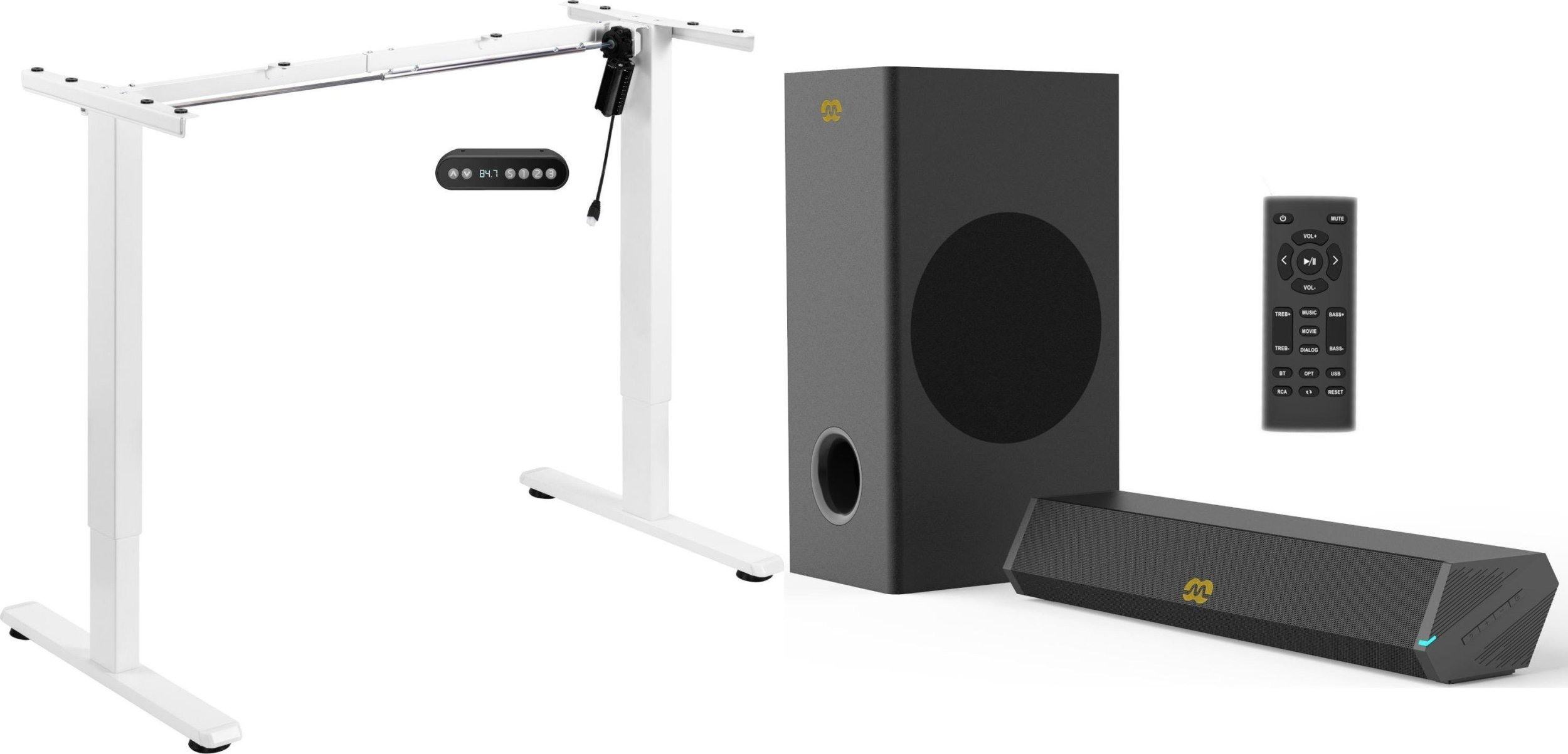 Mozos Mozos Stelaż do biurka biały z elektryczną regulacją wysokości BIAŁY + Głośniki komputerowe GS-BAR BT