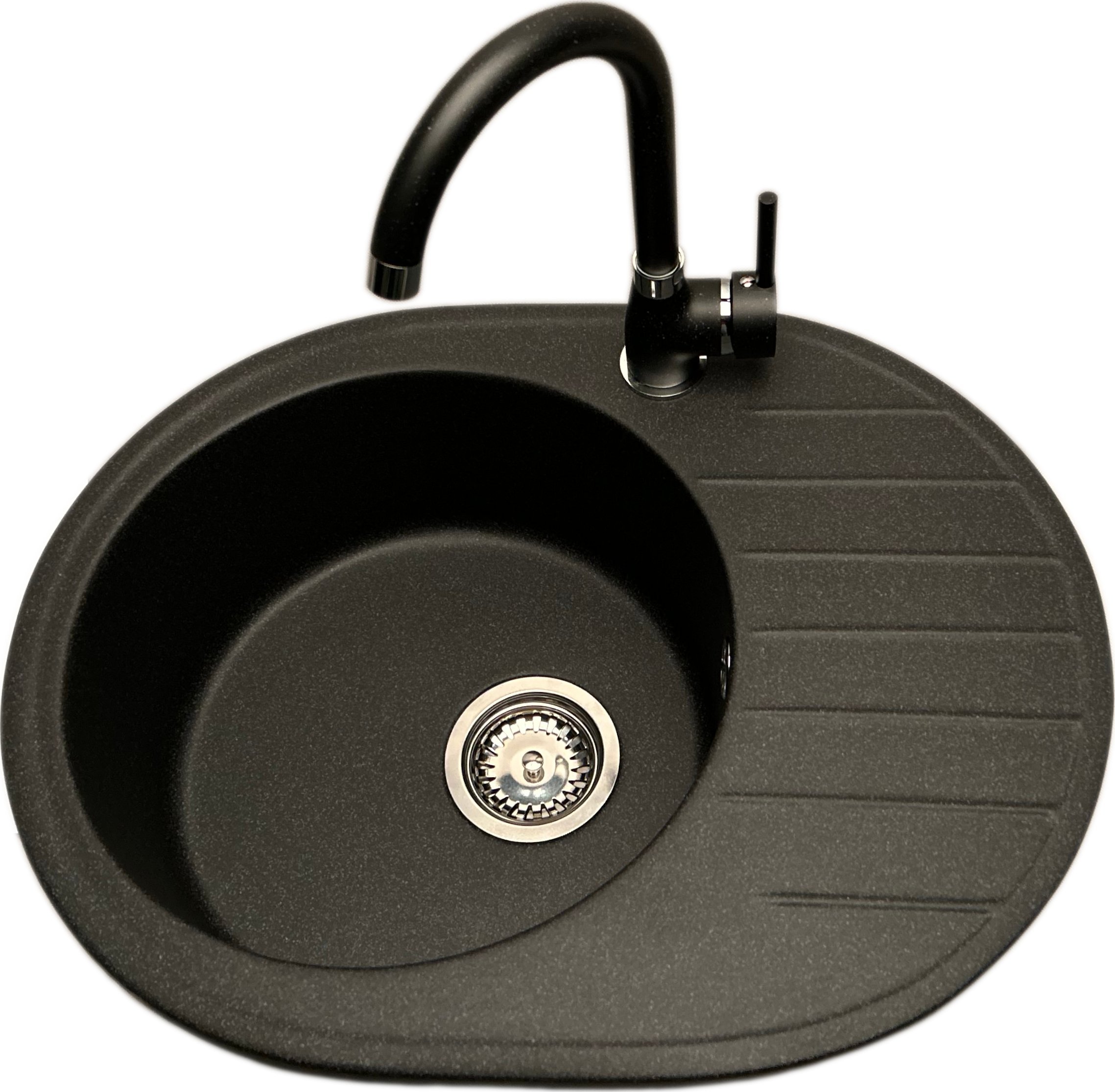 Zlewozmywak PREHNIT Zlewozmywak jednokomorowy z ociekaczem VISTA grafit z prawym ociekaczem + bateria NOON