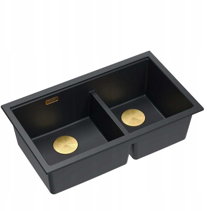 QUADRON | LOGAN 120 | granitowy zlewozmywak kuchenny PURE CARBON + ZŁOTY PVD | wymiar: 76 x 45 x 23,5 cm | 2-komorowy wpuszczany | podbudowa szafki od