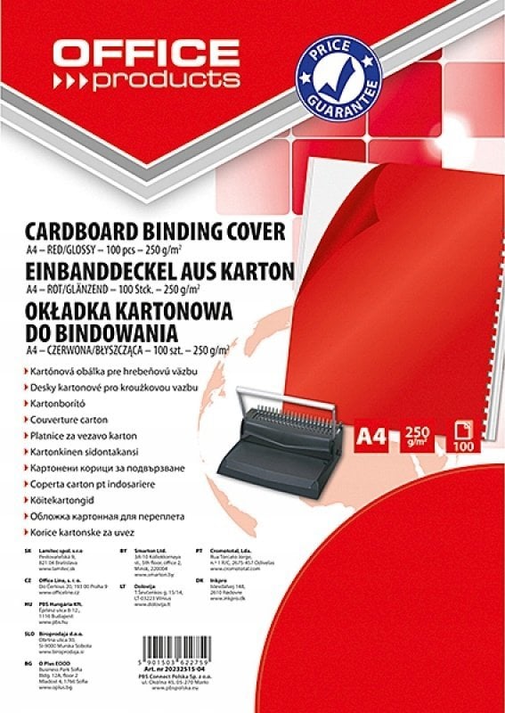 Office Products Okładki do bindowania OFFICE PRODUCTS, karton, A4, 250gsm, błyszczące, 100szt., czerwone