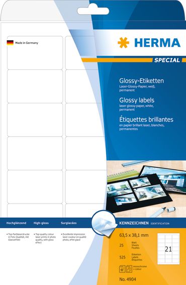 Herma Etykiety błyszczące 4904, A4, 63.5 x 38.1 mm, białe, papier błyszczący, 525 szt (4904)