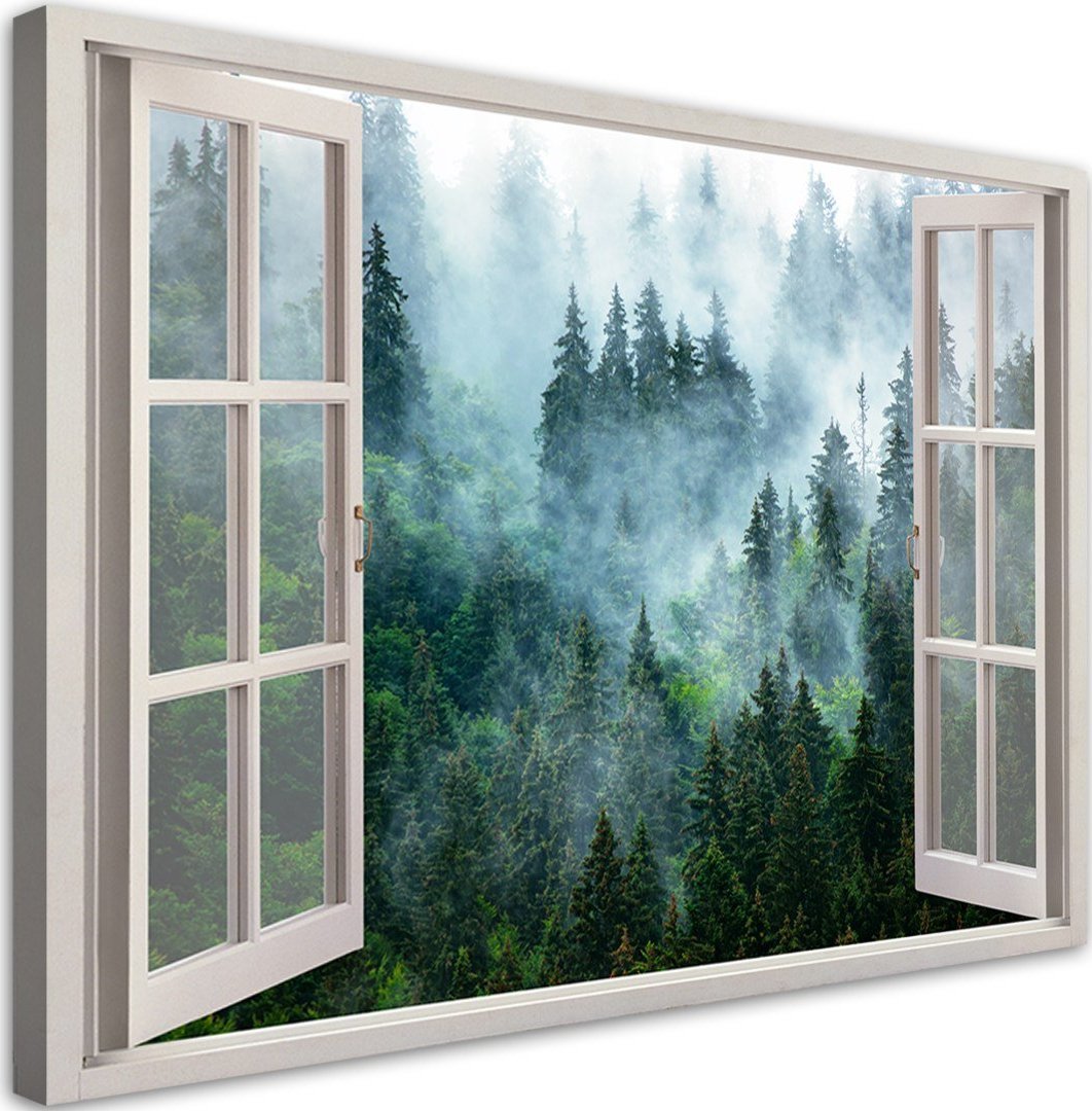 Feeby Obraz na płótnie, Okno Zielony las we mgle natura - 120x80