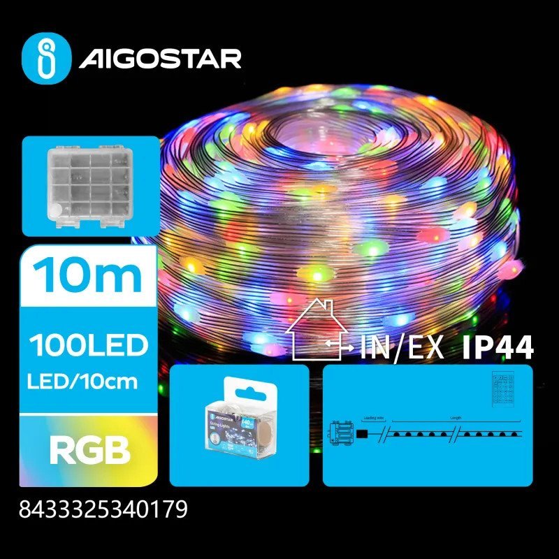 Aigostar Wąż świetlny 10m multikolor 100led 5 RGB na baterie z pilotem 32key Wężyk świetlny 10m multikolor 100led 5 RGB na baterie z pilotem 32key