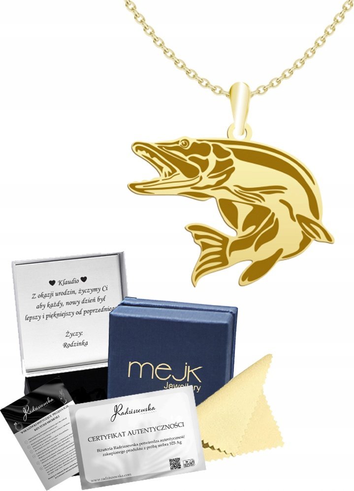 Radziszewska Jewellery Złoty Naszyjnik Szczupak Ryba Łańcuszek SREBRO 925 Grawer Dedykacja Prezent