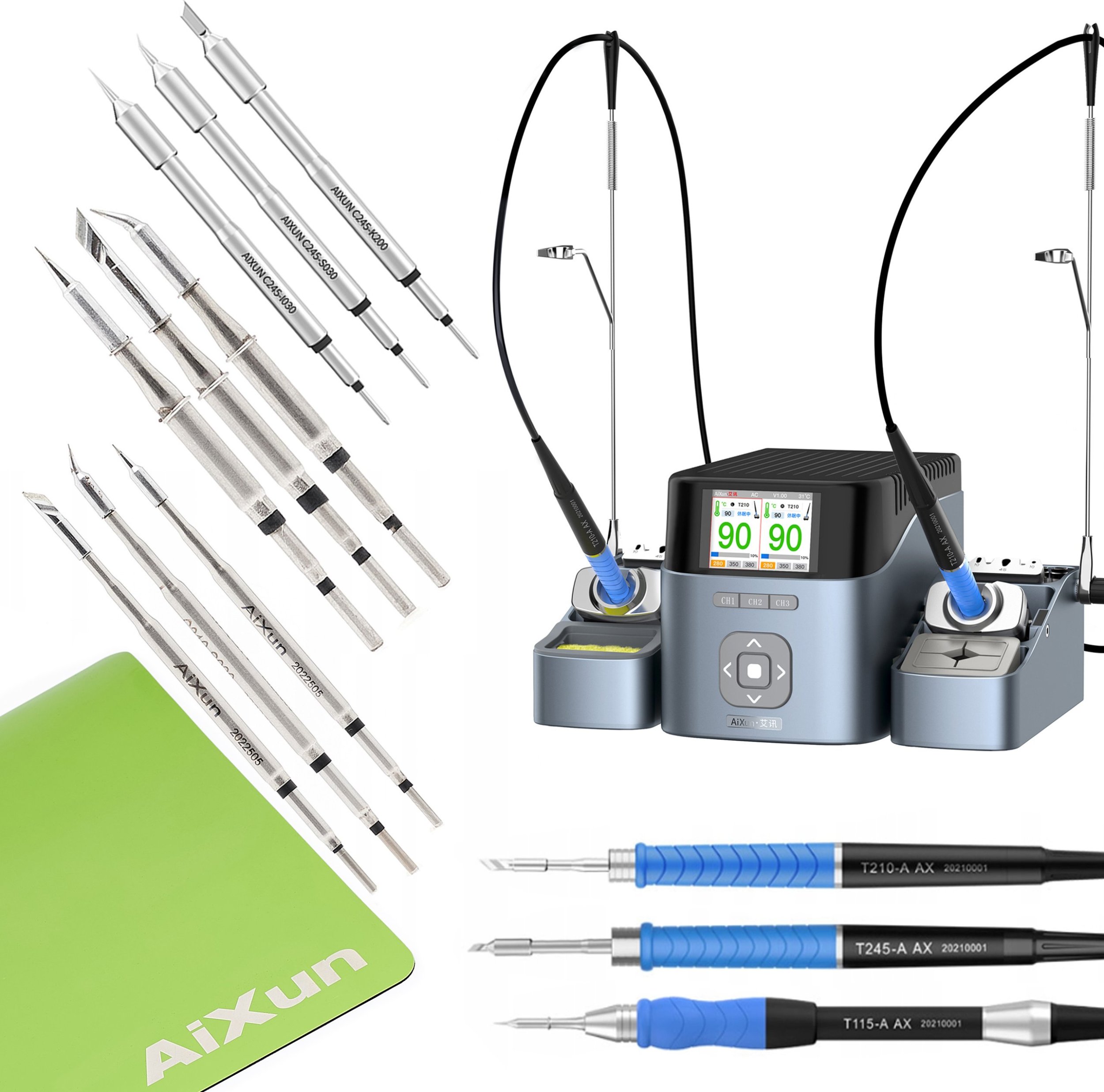 Stacja Lutownicza Aixun Podwójna Precyzyjna T420D 3 Kolby 9 Grotów Mata ESD