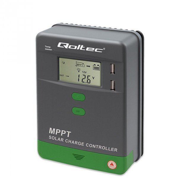 Regulator ładowania MPPT Qoltec solarny z czujnikiem temperatury 10A | 12V / 24V | LCD | 2 x USB | Bluetooth | APP | GEL | LiFePO4
