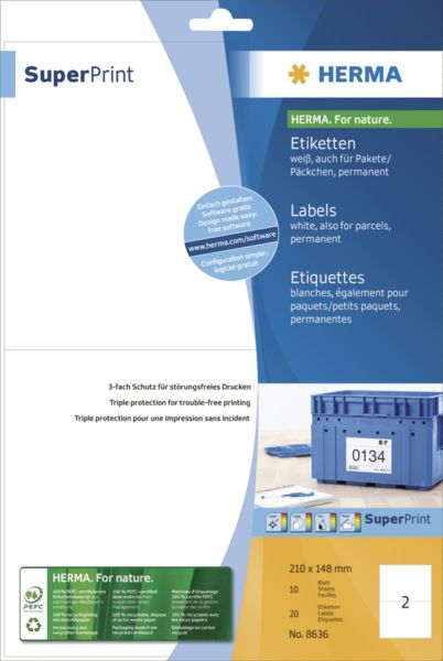 Herma Etykiety Premium 8636, A4, białe, 210 x 148 mm, papier matowy, 20 szt. (8636)