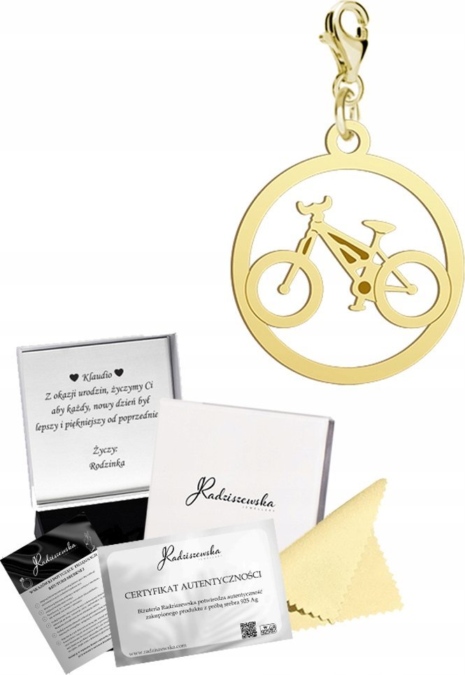 Radziszewska Jewellery Złoty Charms Rower Karabińczyk SREBRO 925 Prezent Kobieta ŻYCZENIA GRATIS