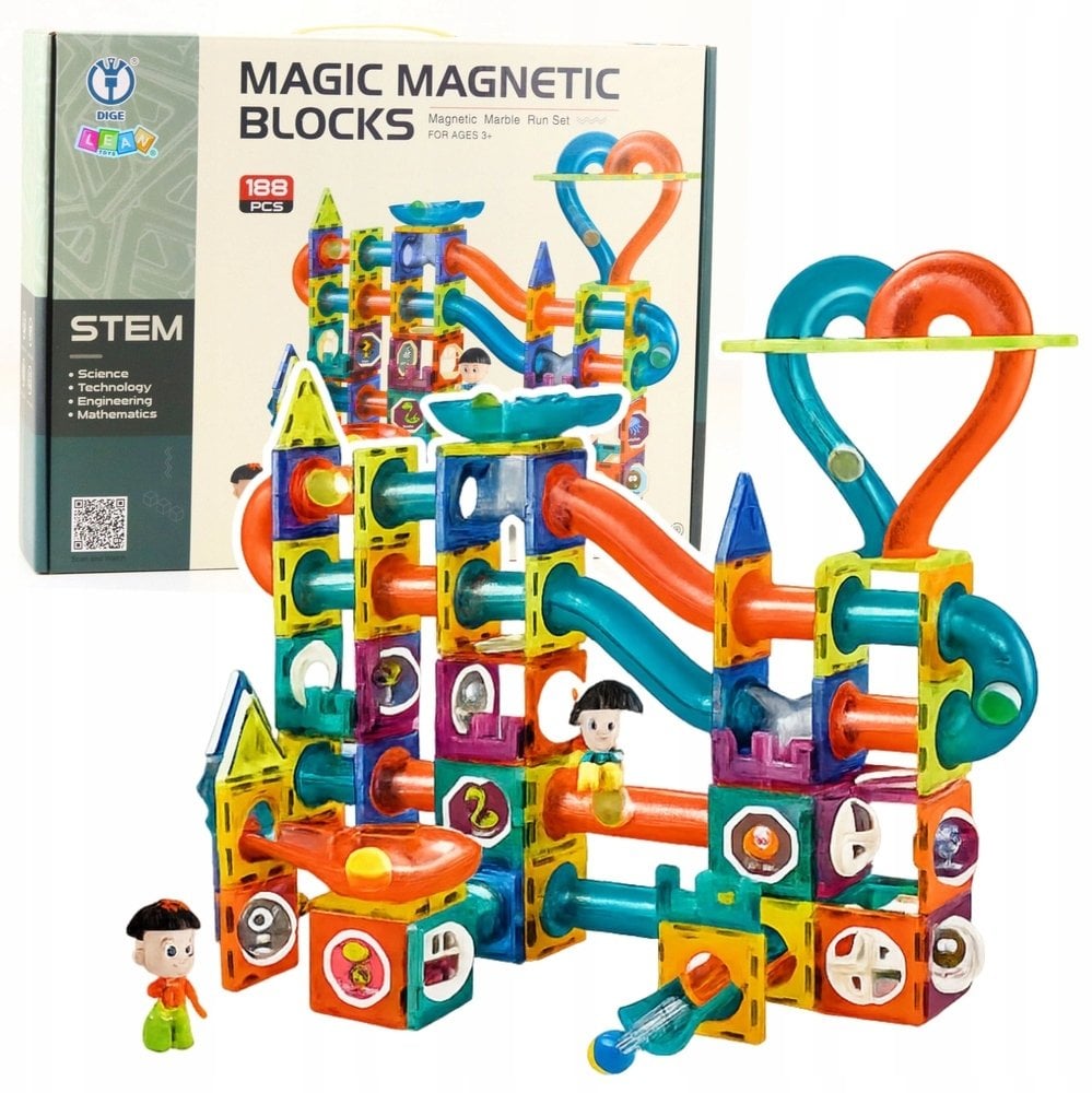 Zestaw Klocki Magnetyczne Tor Kulkowy Zjeżdżalnia Kolorowe 188 el.