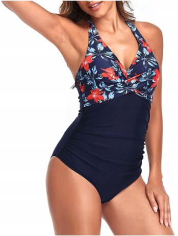Strój kąpielowy jednoczęściowy modelujący kwiaty granatowy marszczony L