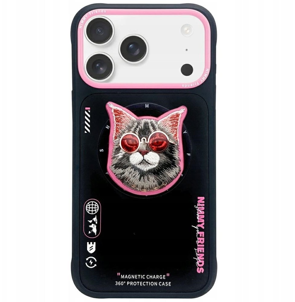 Etui Nimmy Glasses Cool Cat MagSafe do iPhone 17 Pro Max czarno różowy