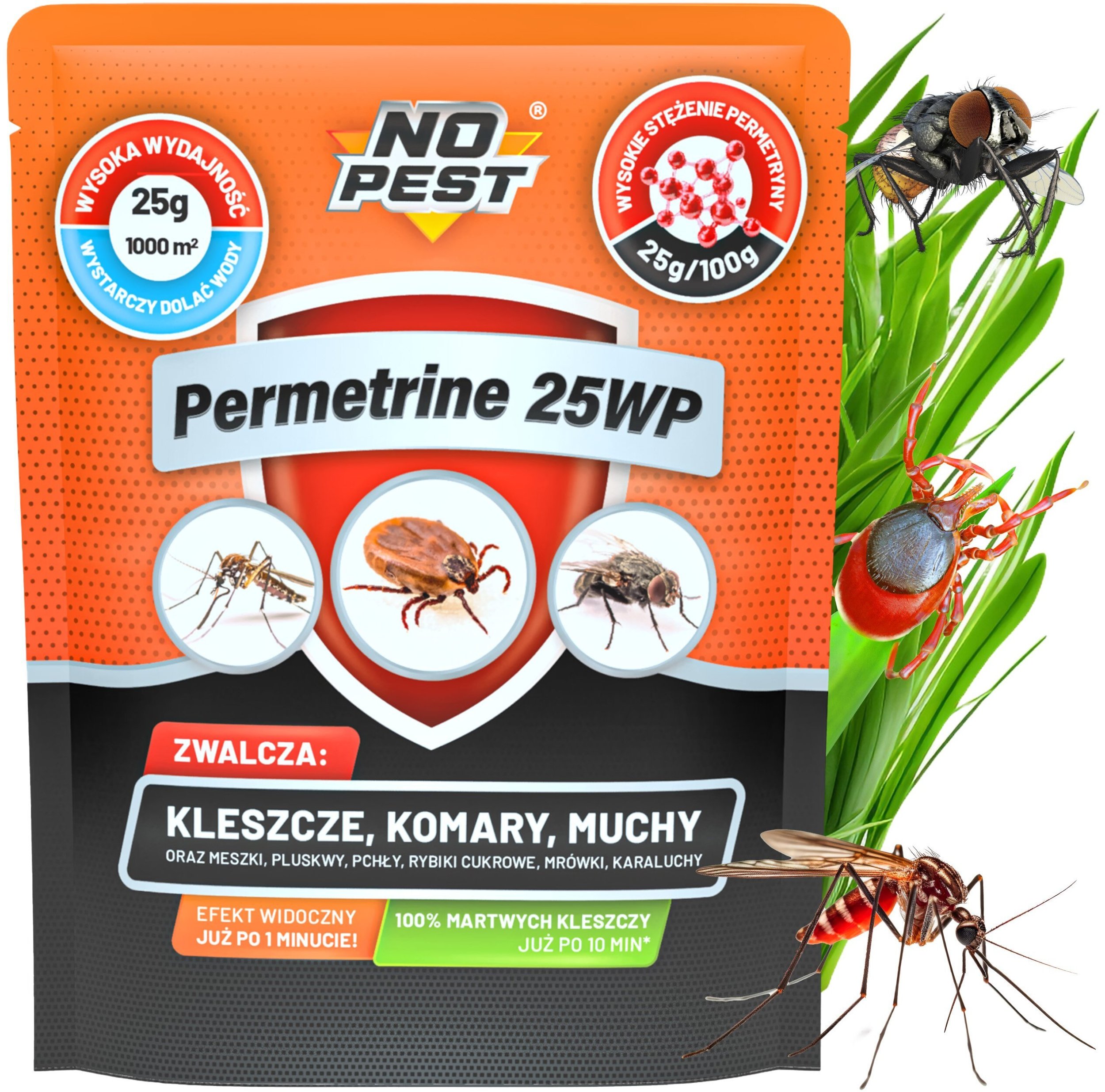 Proszek Preparat Środek Oprysk na Kleszcze Komary Muchy Meszki Pluskwy Rybiki Mrówki i Inne Owady 25g/10L Permetrine 25WP