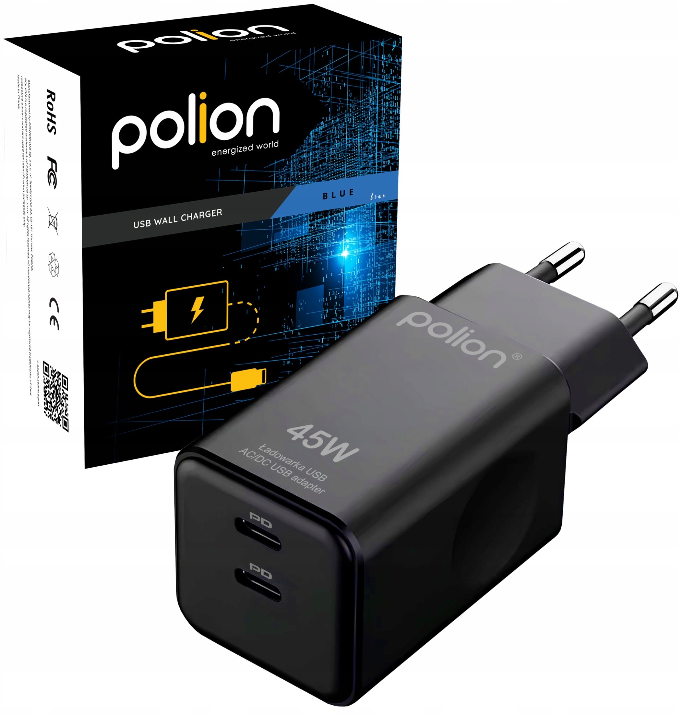 Ładowarka kostka do telefonu tabletu USB-C 45W | 2xUSB-C |QC | PD