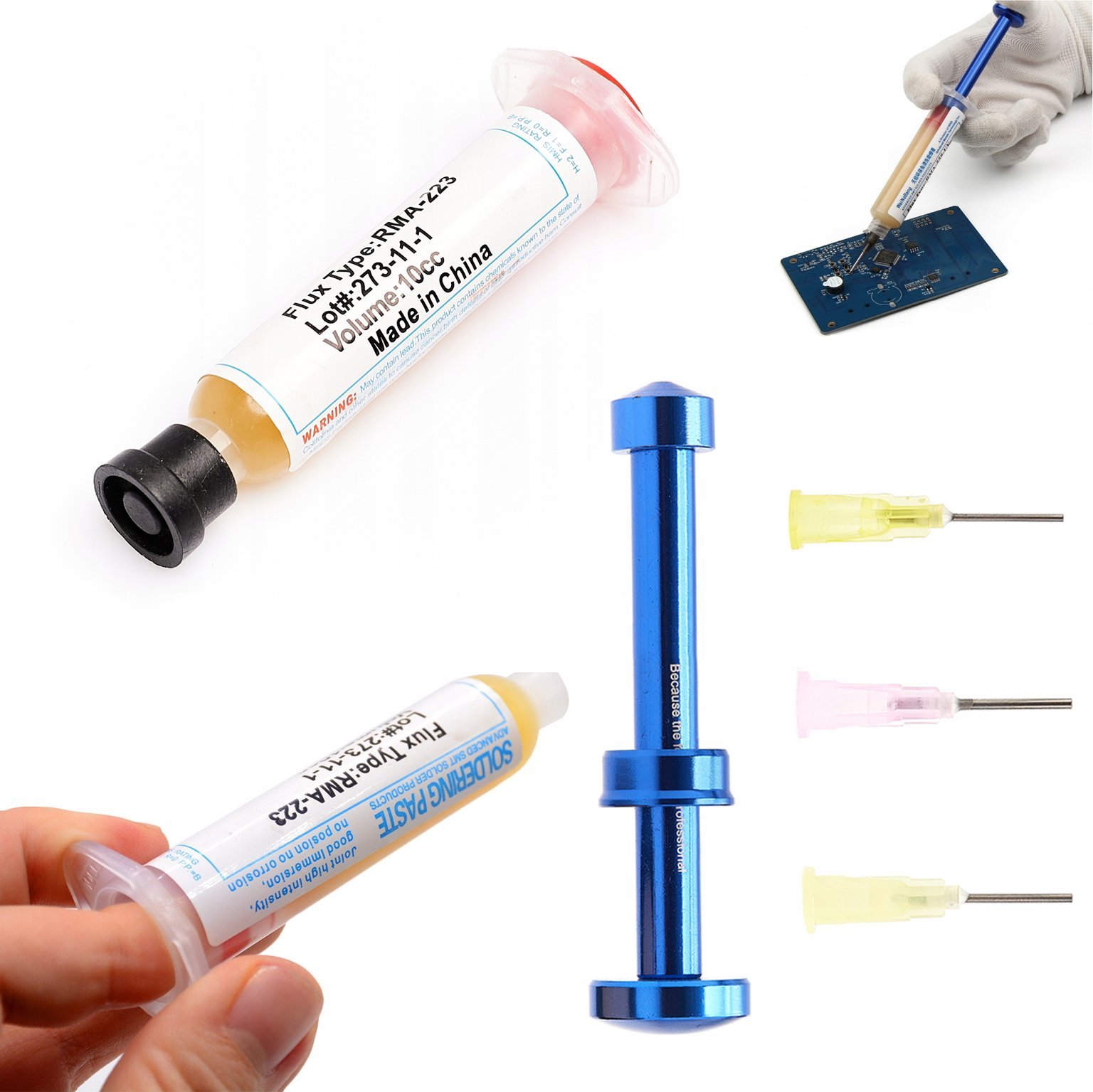 Topnik Flux RMA-223 10cc Pasta Lutownicza Tłoczek Igły Dozownicze Zestaw