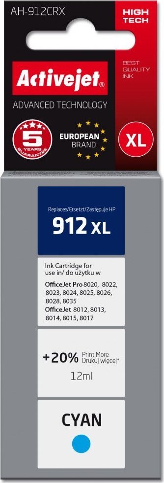 Tusz Activejet Tusz Activejet AH-912CRX (zamiennik HP 912XL 3YL81AE; Premium; 990 stron; niebieski)