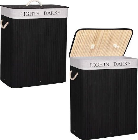 Kosz na pranie Springos Kosz na pranie 100L z 2 komorami bambus naturalny czarny UNIWERSALNY