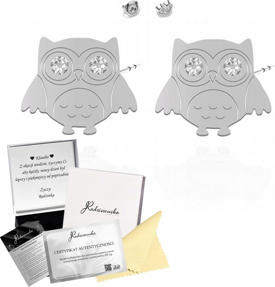 Radziszewska Jewellery Kolczyki Srebrne Sowa Sztyfty Prezent Kryształy 925 Biżuteria Dziecko