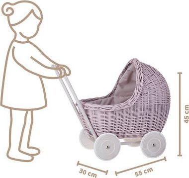 WickerPL LILI ZESTAW WÓZEK I KOLEBKA WIKLINOWA DLA LALEK W KOLORZE Pudrowy Róż 55X30 H45 / 46X28 H25 CM