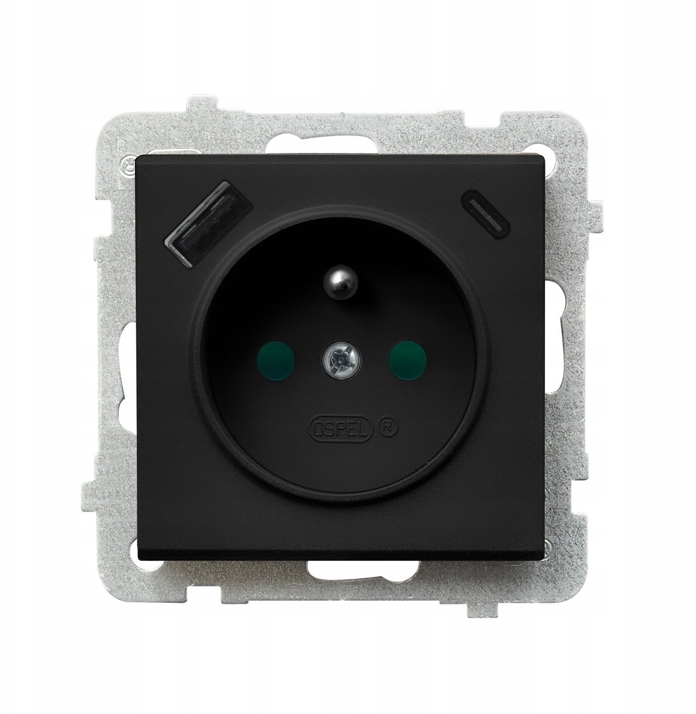 Ospel Gniazdo single with grounding with protective shutters for current tracks z ładowarką USB A+C czarny metalik GP-1RZPUSBAC/m/33