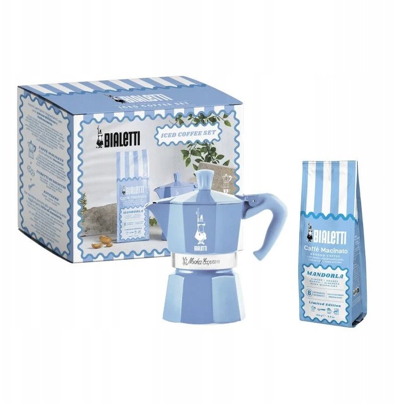 Bialetti - Zestaw Moka Express 3tz Błękitna + kawa Perfetto Moka Mandorla 250g