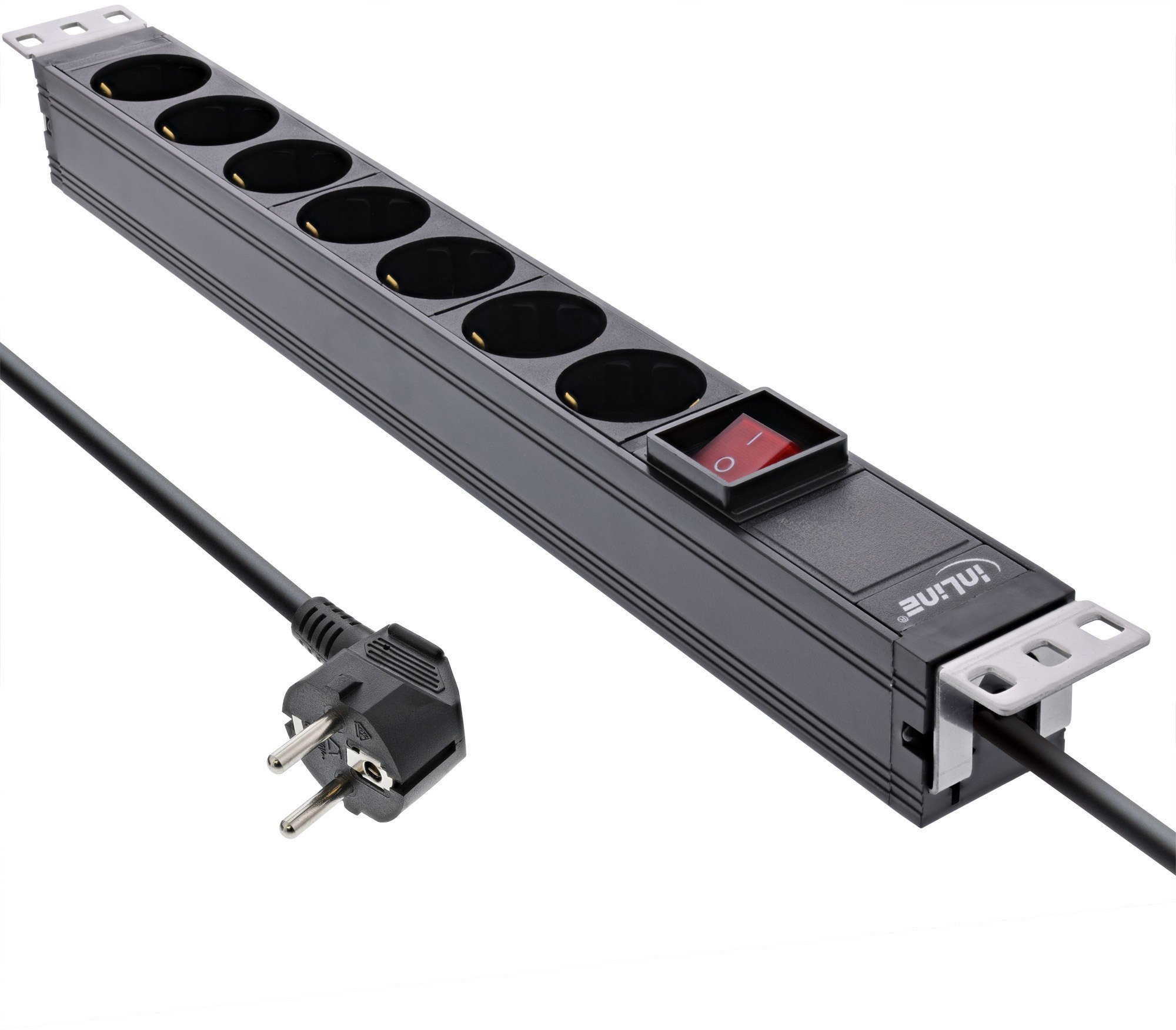 InLine InLine® 19" socket strip, 7-way protective contact, with switch, 2m, black, variable mounting bracket