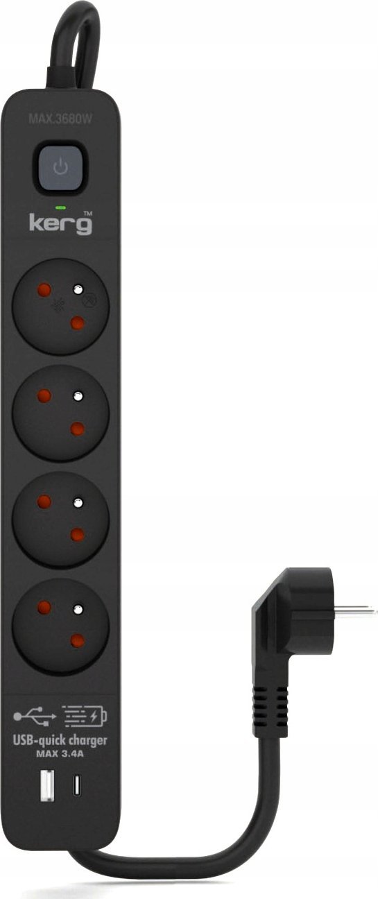 Listwa zasilająca Kerg Urządzenie zasilające zabezpieczające KERG z wyłącznikiem 4 gniazda USB-C USB-A czarne 5m 16A H05VV-F 3x1,5mm2