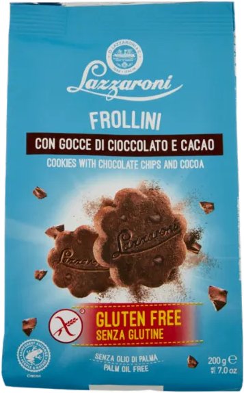 ZEMANKA (ciastka, krakersy bezglutenowe) Ciastka bezglutenowe Frollini Bezglutenowy Kawałki czekolady i kakao 200g - Lazzaroni