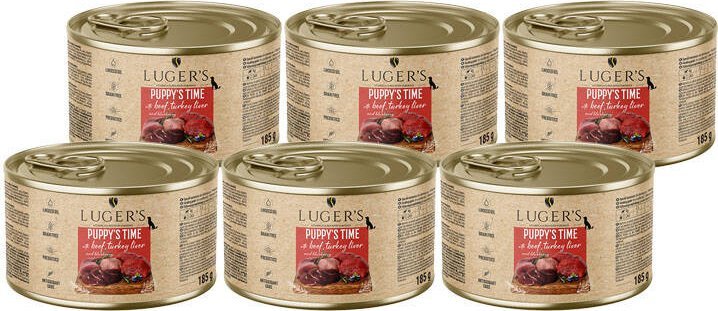 Karma mokra dla psa szczeniaka Luger's Puppy's Time z wołowiną, wątróbką z indyka i borówką zestaw 6 x 185 g