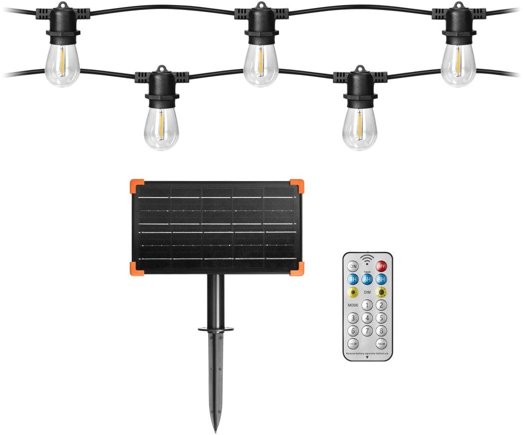 Solarna girlanda oświetleniowa - 1 sznur 10 m (10 opraw) + 10 żarówek LED 0,1W E27, 3000K + 1 żarówka gratis
