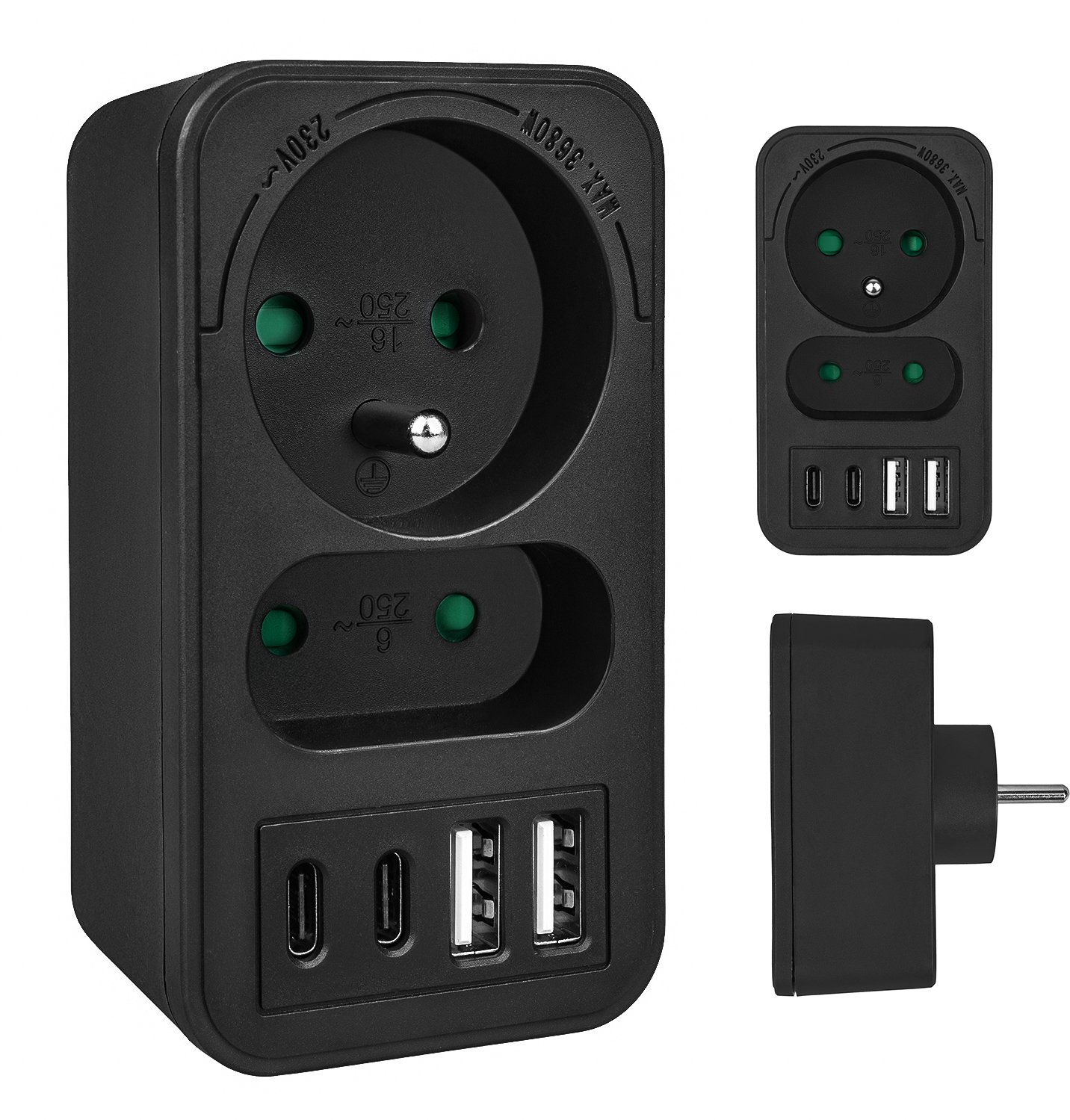 Gniazdko prądowe x2 + 4xUSB Maclean, rozgałęźnik z 2 gniazdami, 2xUSB A, 2xUSB C PD 20W, 1x16A + 1x6A, MCE249 F/B