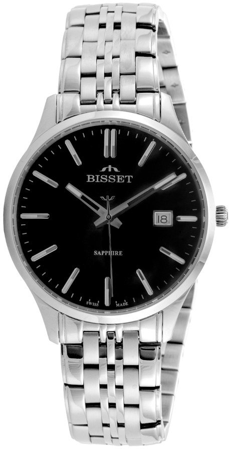 Szwajcarski zegarek męski Bisset BSDF38 szafirowe szkło srebrny czarna tarcza