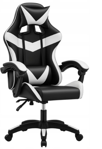 Fotel biurowy gamingowy ergonomiczny biało-czarny z poduszkami ekoskóra