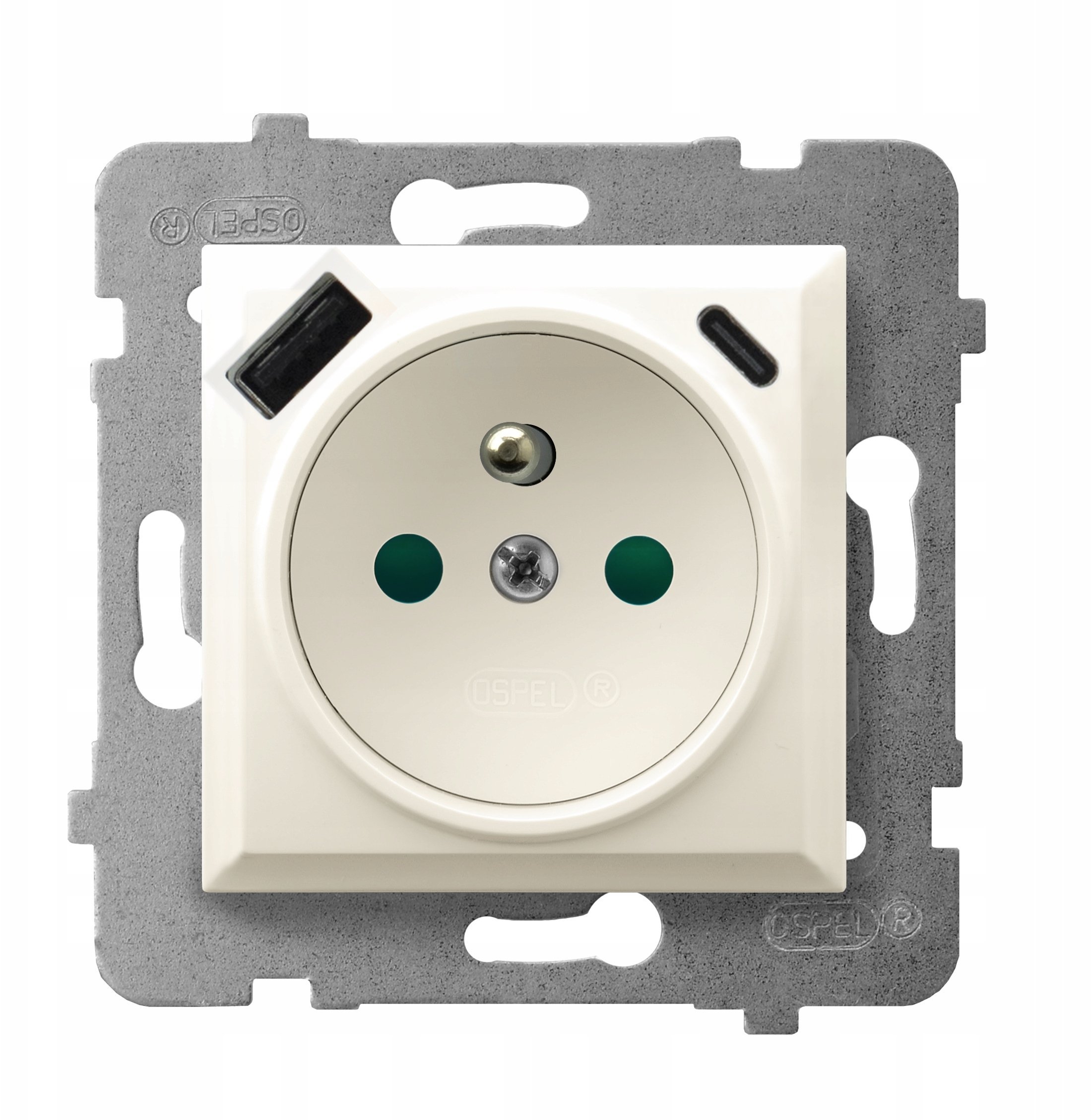 ARIA Gniazdo pojedyncze z uziemieniem z przesłonami torów prądowych, z ładowarką USB A+C ecru GP-1UZPUSBAC/m/27