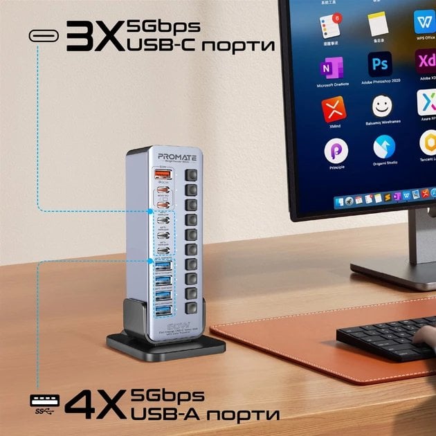 PROMATE GegaTower-60W Multiport Tower Hub 14-in-1 60W / QC3.0 / PD48W / USB 3.1 5Gbps