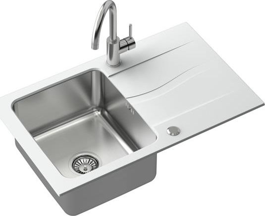 Zlewozmywak Steiner MICHAEL 111 Fusion biały 780*480 z syfonem manualnym w zestawie z baterią Kate