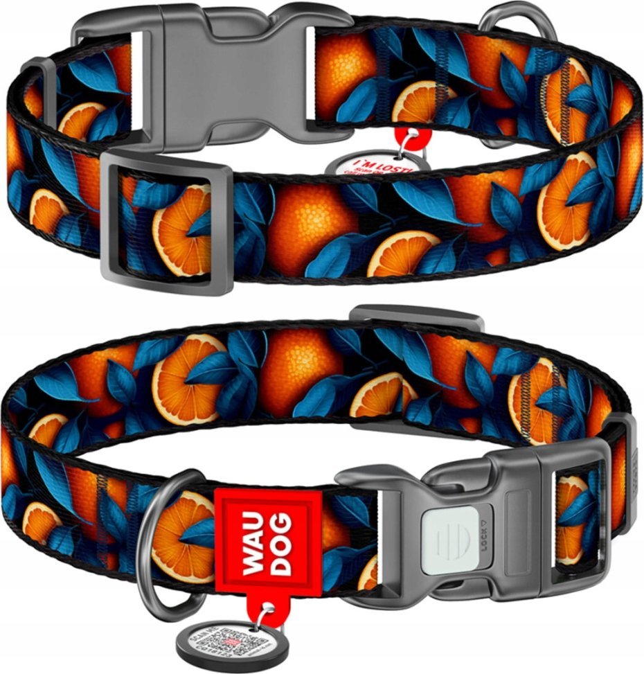 Collar WAU DOG OBROŻA NYLON Z ADRESÓWKĄ QR 25mm/33-49cm POMARAŃCZE