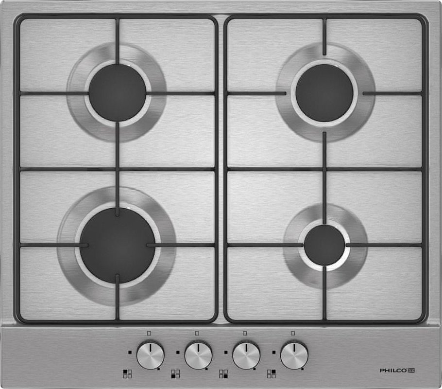 Philco Płyta grzewcza gazowa, 4 palniki, automatyczne zapalanie, emaliowany ruszt, zabezpieczenie termiczne, stal nierdzewna
