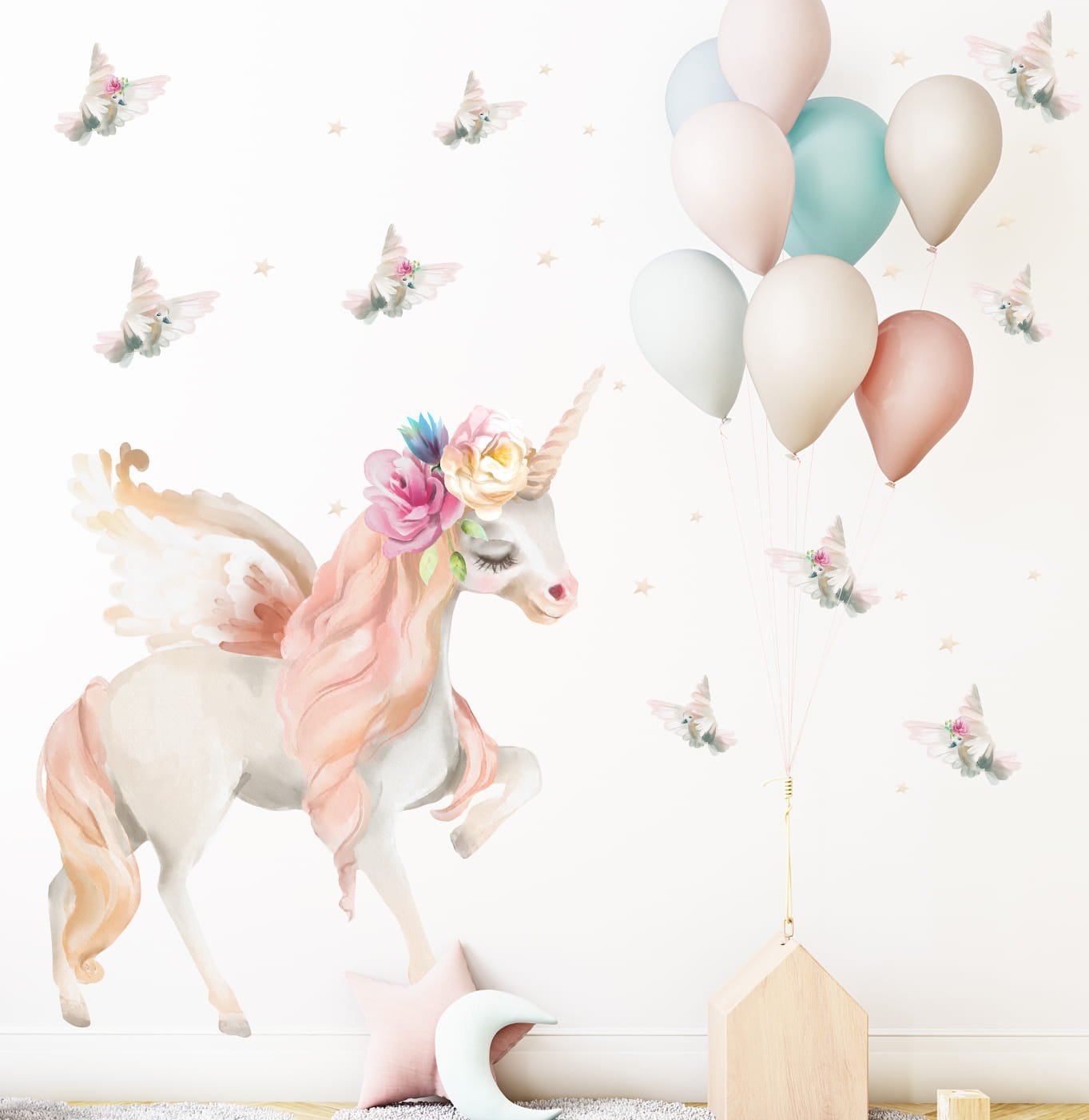 Mała Pracownia DK Naklejka na ścianę dla dzieci jednorożec, unicorn, chmurki, gwiazdki akwarela