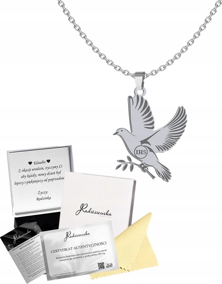 Radziszewska Jewellery Łańcuszek Srebrny z Medalikiem Gołąb z Hostią Prezent Komunia GRAWER GRATIS