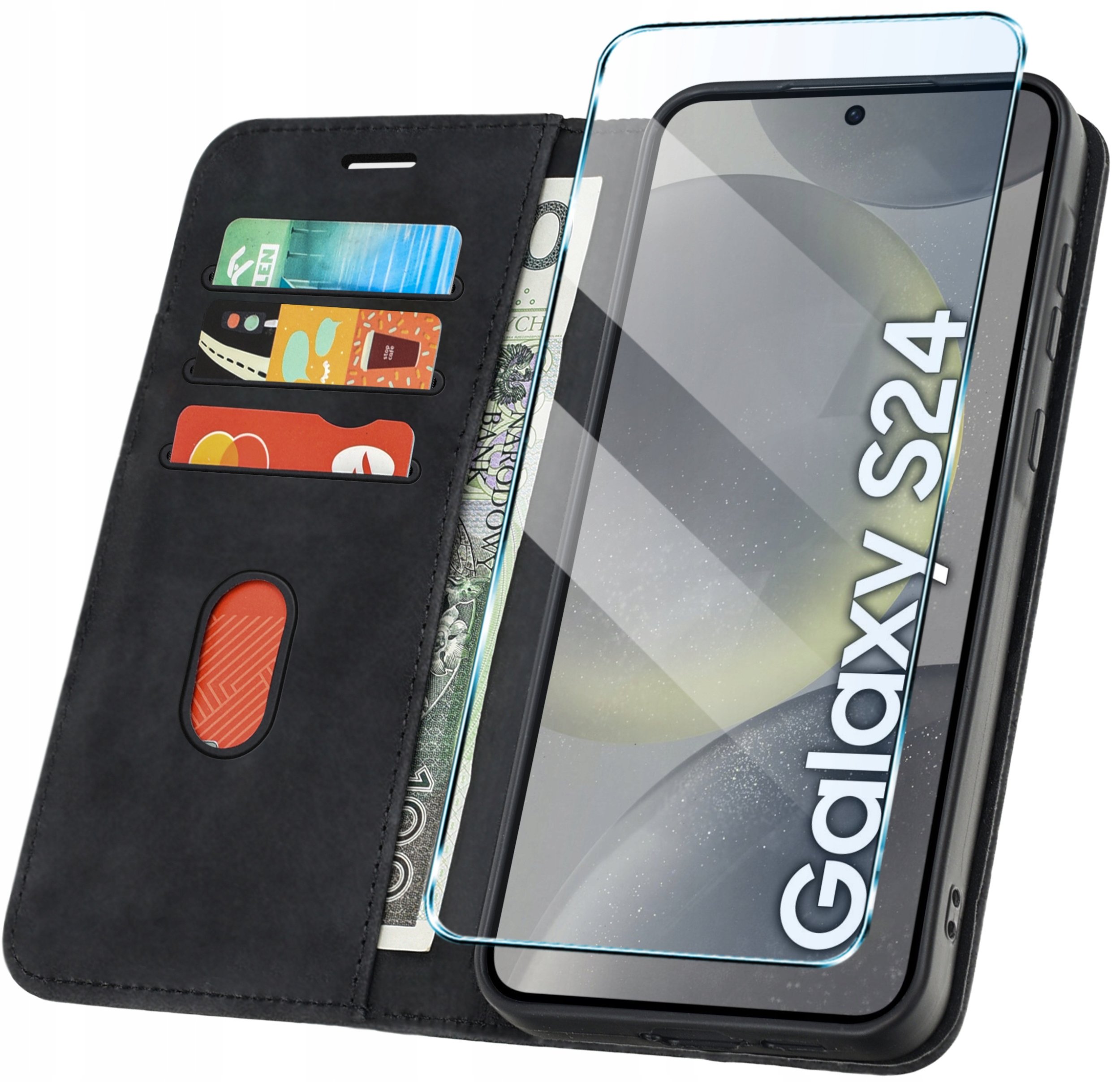 ETUI Z KLAPKĄ do Samsung S24 Zamykane Magnetyczne Kabura Czarne + Szkło