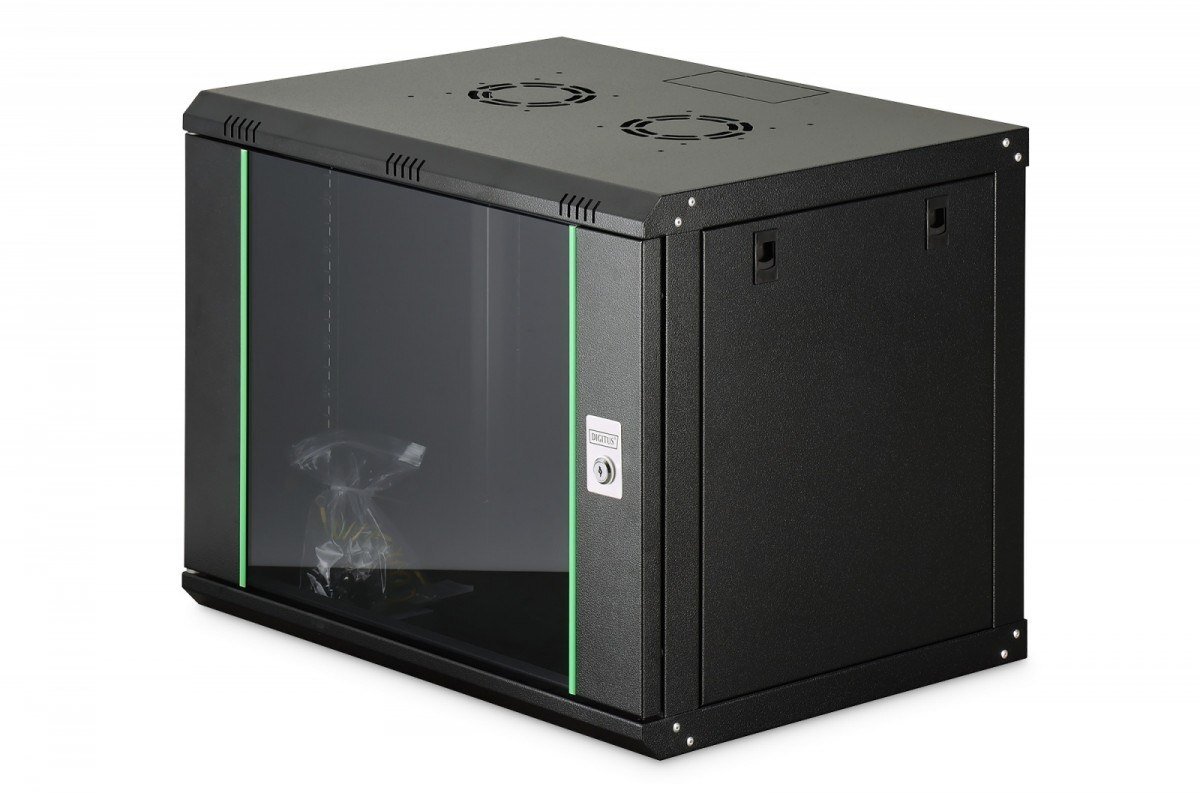 Szafa Digitus Szafa sieciowa wisząca jednosekcyjna DIGITUS Dynamic 19" 9U, 600x450, szklane drzwi, czarny, niezmontowana, 60kg