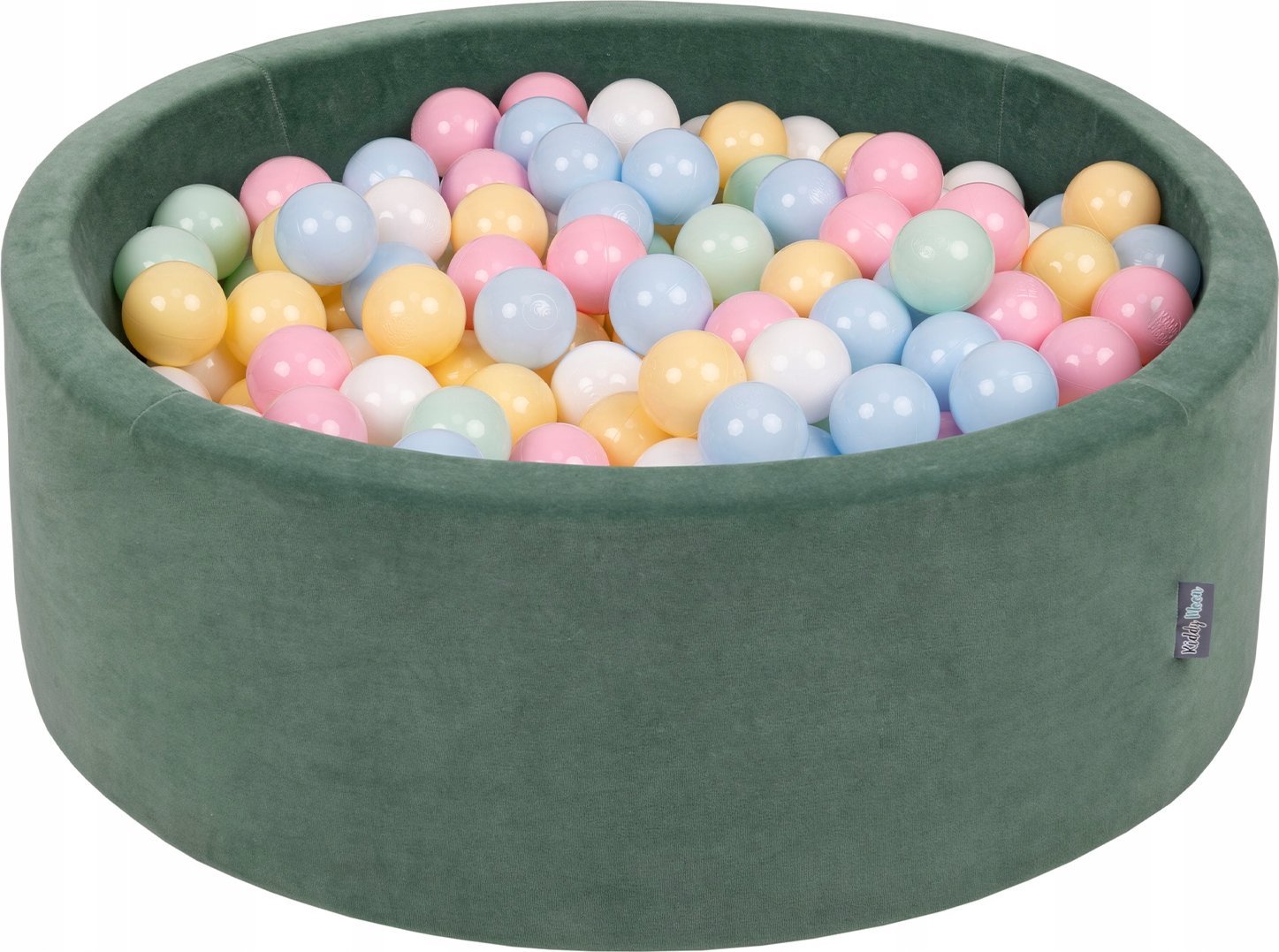 KiddyMoon Suchy basen okrągły VELVET z piłeczkami 7cm zieleń lasu: pastelowy niebieski-pastelowy żółty-biały-mięta-pudrowy róż 90x30cm/200piłek Zabawk
