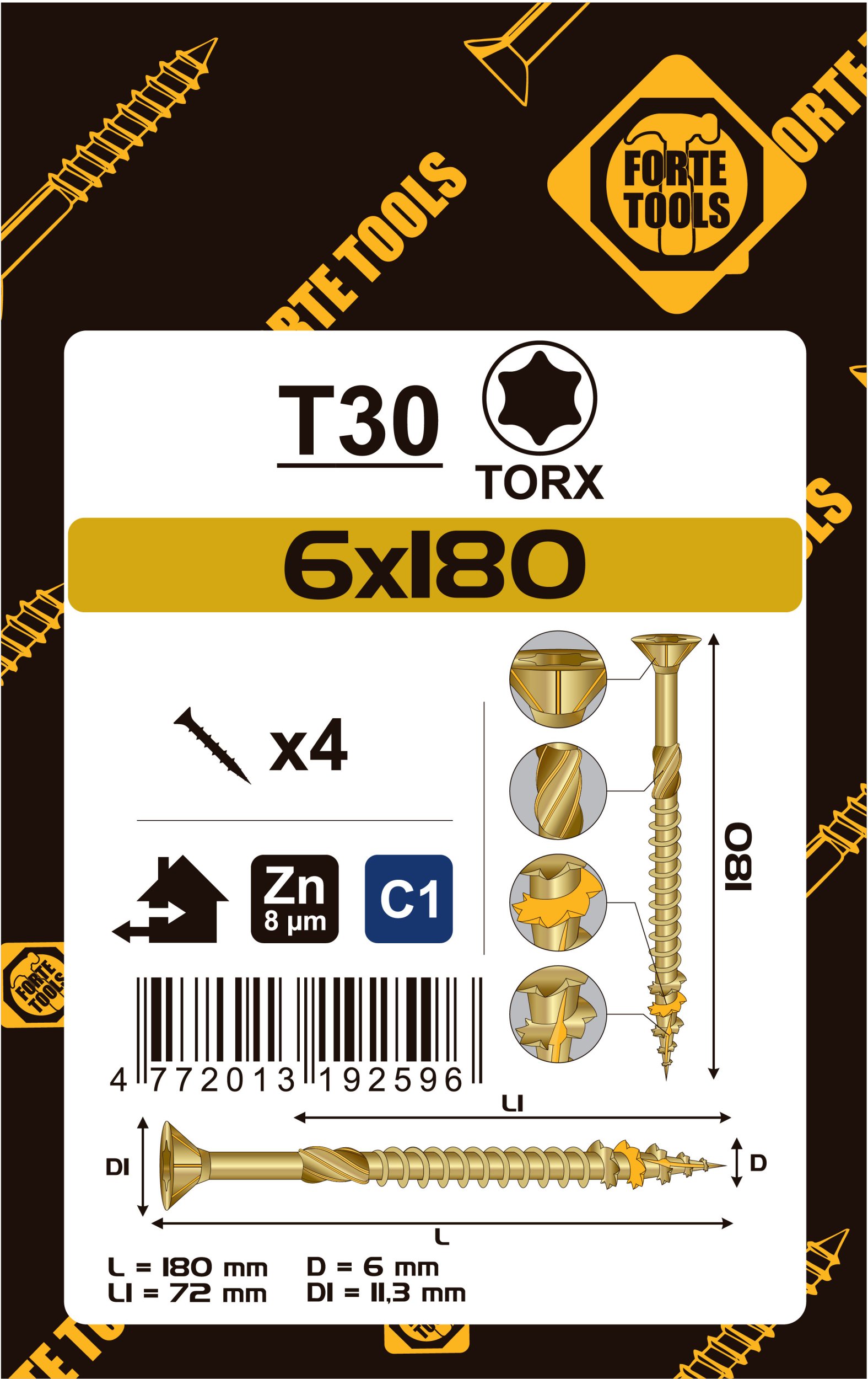 CHIPBOARD SCR T30 6.0X180/72 YELL ZN4PCS