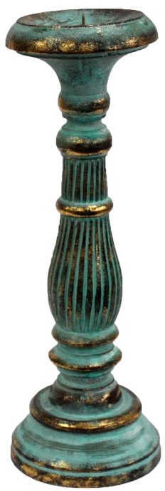 Świecznik drewniany Vintage - Turkusowy Średni