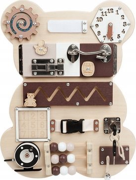 LeanToys Tablica Manipulacyjna Sensoryczna Miś Drewniana 14 El