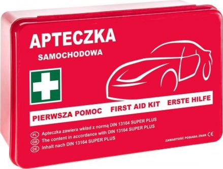 Polska Firma Apteczka samochodowa w pudełku z tworzywa Din 13164 Plus z wyposażeniem
