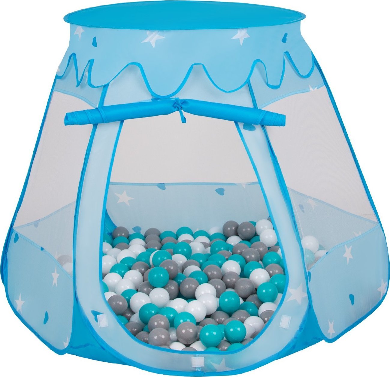 Selonis Namiot zamek NZ-100X z piłeczkami 6cm niebieski: biały-szary-turkus 105x90cm/100piłek Zabawka namiot dla dzieci