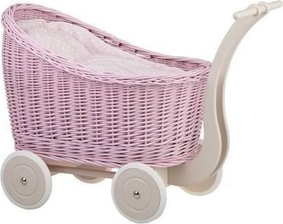 WickerPL LUNA MALOWANY RÓŻOWY WIKLINOWY WÓZEK DLA LALEK Z POŚCIELĄ 48X28 H46 CM