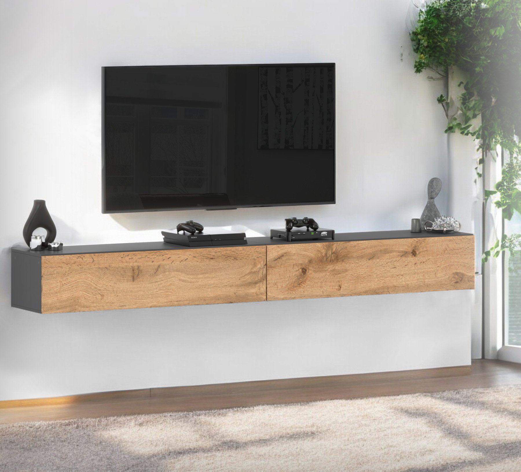 Szafka Rtv Wisząca 140cm Loft Pojemna Pod Tv Salon Na Dotyk Szary Dąb Wotan